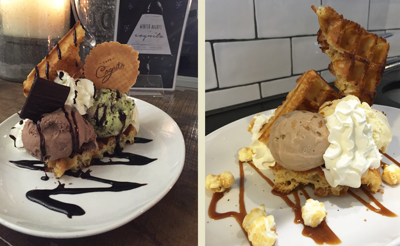 Warm waffles served with two generous scoops of ice cream, cream and sauce